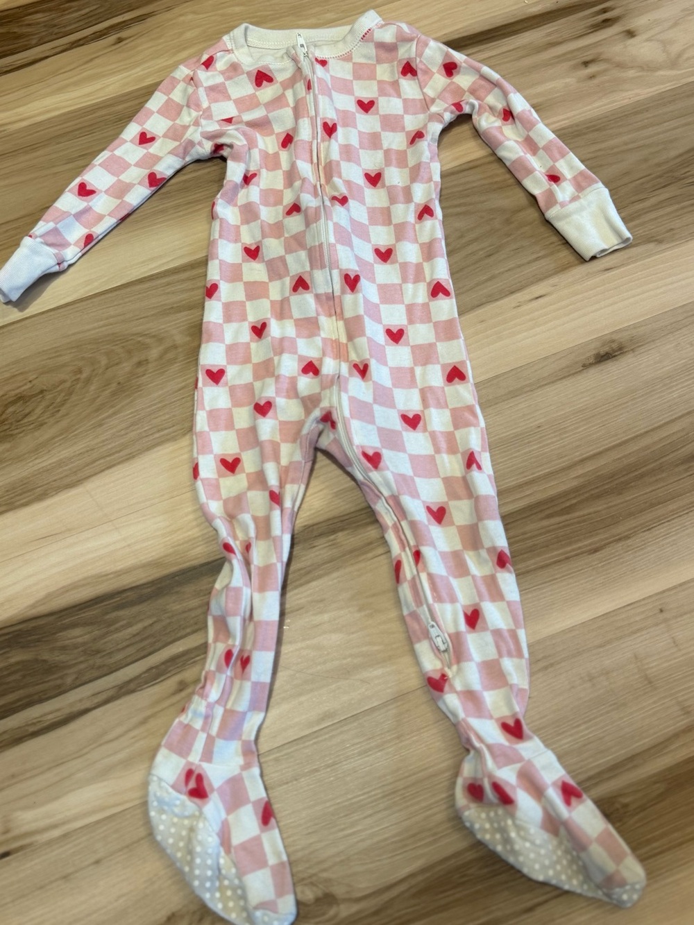 Girls Pink Checkered Valentines Heart Footed One-Piece Pajamas Old navy 12-18 mo
